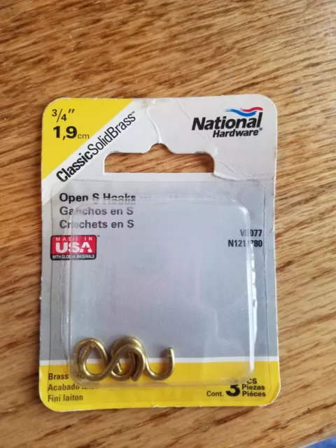 OPEN S HOOKS 3/4" Brass Finish National Hardware V2077 NEW! 3pcs 5lbs work load