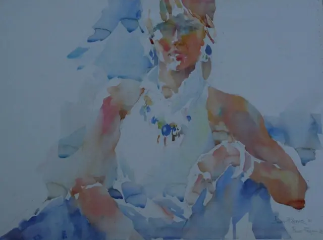 Colorful Original Watercolor of a Woman by Listed Florida Artist Janet Rogers