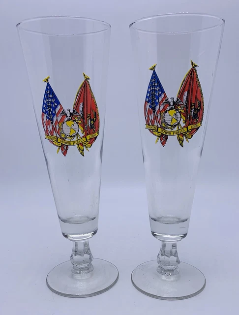 Marine Corps and American Flag 2 Beer Sling Glasses 8 oz. Pre-Owned