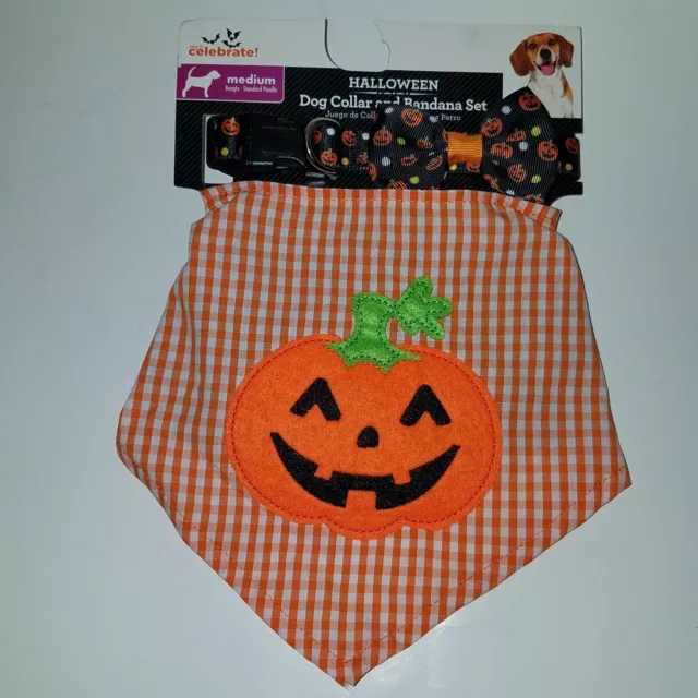 NWT Halloween Dog Collar + Bandana Set MEDIUM Pumpkin Jack-O-Lantern Costume Pet