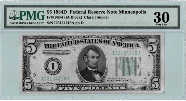 1934D $5 Federal Reserve Note(Minneapolis) fr.1960-I- PMG VF30-comment free note