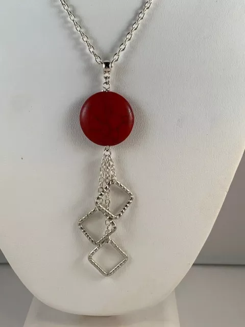 Silver Tone Necklace With Red Magnesite Stone Pendant (NA44)