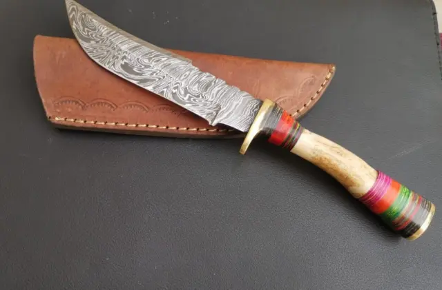 Custom Handmade Damascus Steel Skinner Hunting knife Stag Antler Handle W/Sheath