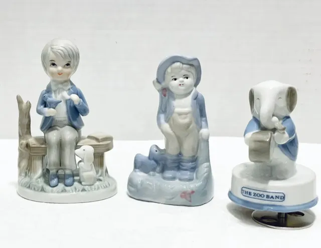 4 Vintage Hand Painted Blue Porcelain Figurines with Zoo Band Elephant Music Box