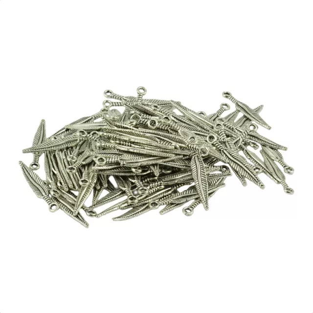 100 Packs Tibetan Silver 3D Long Feather Charms Pendants Jewelry DIY Making