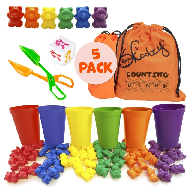 Skoolzy 60 Rainbow Counting Bears - 5 Pack - 6 Color Sorting Cups, 2 Storage ...