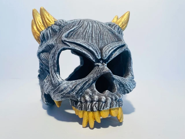 Gold Horned Monster Skull Aquarium Hideaway Cave Ornament 12cm SK11