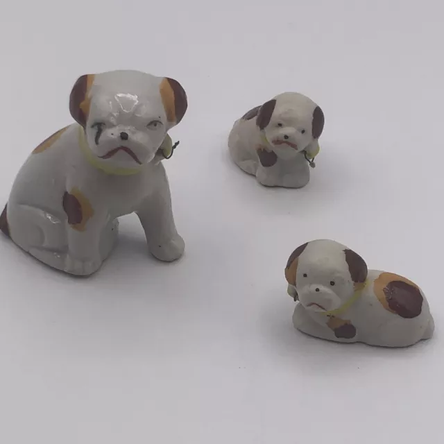 Vintage Japan Mother Dog and Two Puppies White With Tan Markings No Leashes