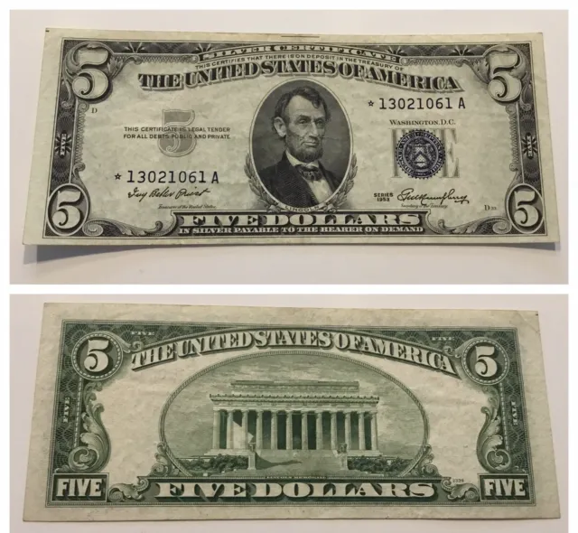 VINTAGE silver CERTIFICATE $5 STAR NOTE 1953 FIVE DOLLAR BILL LINCOLN $5.00 VNC
