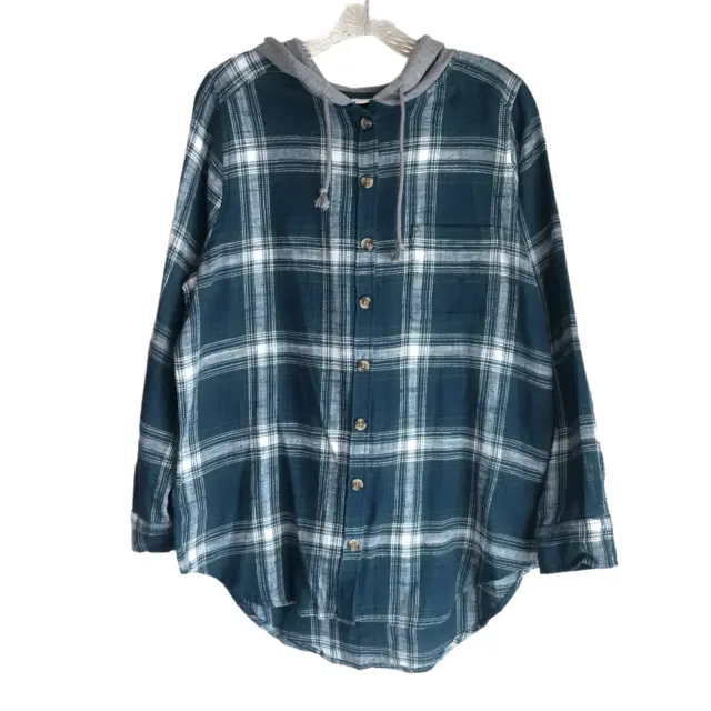 So Women's Flannel Shirt Size L Hooded Plaid 100% Cotton Long Sleeve Casual