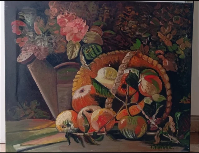 TABLEAU HUILE SUR toile Nature Morte Bouquet de fleurs fruits XXéme EUR ...