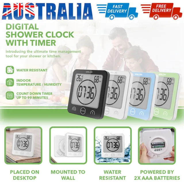 BALDR LCD Wall Waterproof Timer Bathroom Shower Clock Temperature Humidity Meter