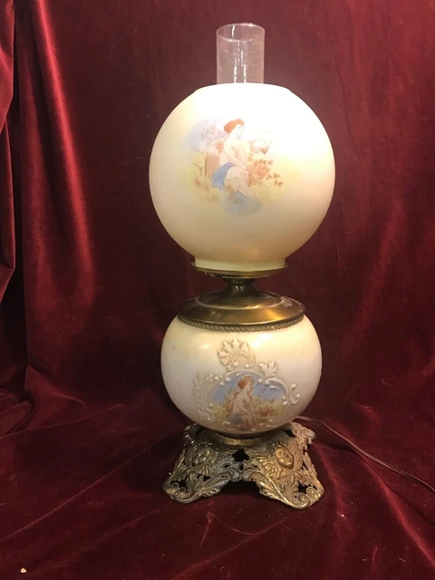 ANTIQUE GONE WITH THE WIND GWTW ELECTRIFIED Oil Lamp CHERUBS Hurricane Glass