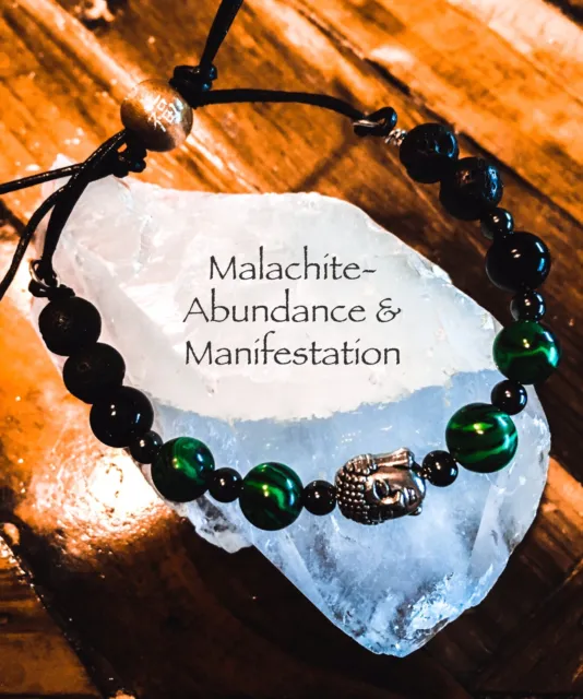 Malachite And Buddha Bracelet Healing Beaded Lava Stone