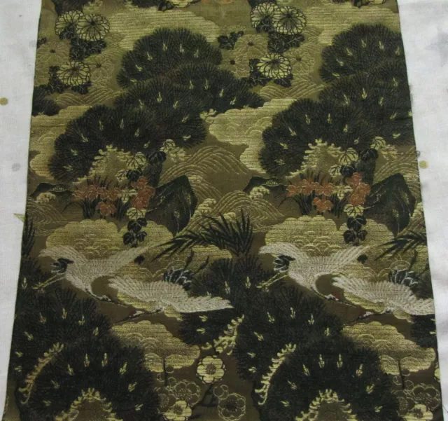 Vintage 1940s Japanese Kimono Wedding Obi Silk Piece Bird Crane Pine Flowers