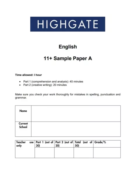 Highgate School 11 plus 11+ English Entrance Exam Sample Paper A With Answers