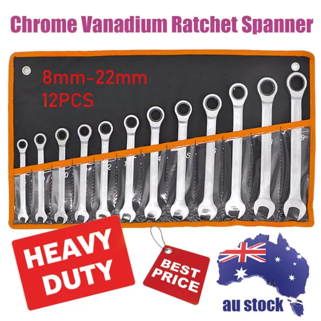 12Pcs 8MM-22MM Ratchet Spanner Set Metric ND-0326 + Rolling Bag Hand Tool Kit AU