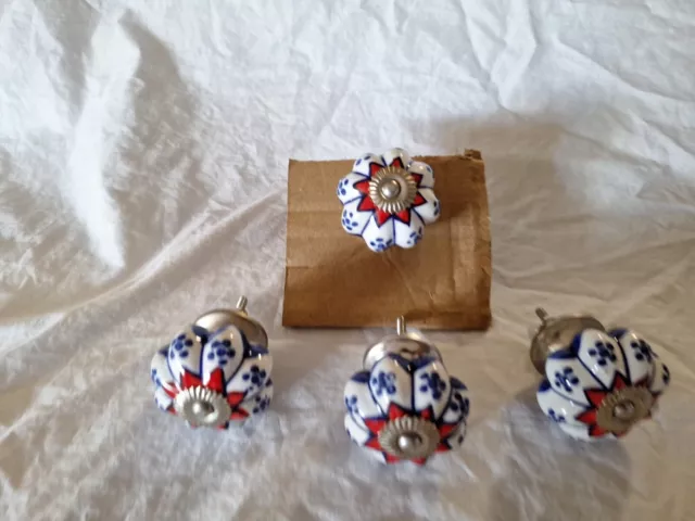 Lot of 4 Ceramic Colorful Boho Flower Cabinet Drawer Pull Knobs World Market