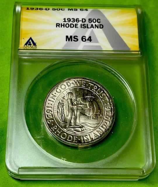 1936-D Anacs Ms64 Rhode Island Commemorative Silver Half Dollar!!Great Toning