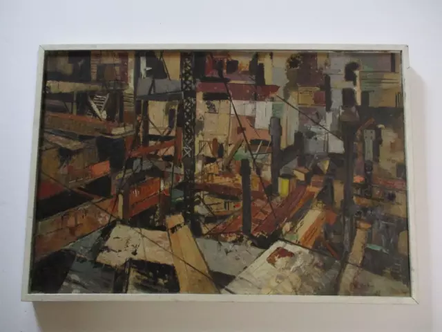 Mid Century Modern Painting Abstract Industrial Urban City Cubism Expressionist