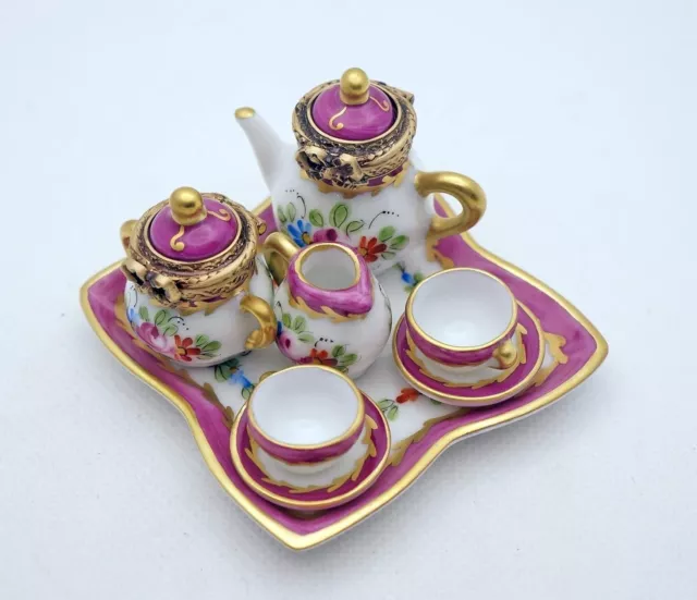 New French Limoges Trinket Box Miniature Pink 8 Pc Tea Set 2 Boxes 5 Minis Tray
