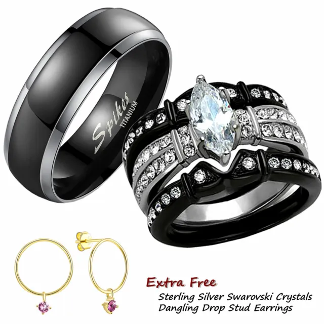 4Pcs Black Stainless Steel His Titanium Her Wedding Engagement Ring Band Set