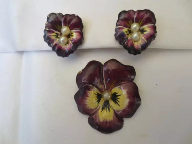 Walter Lampl-Usa Sterling Silver/Enamel Pansy Brooch/Earrings Set (Retired)