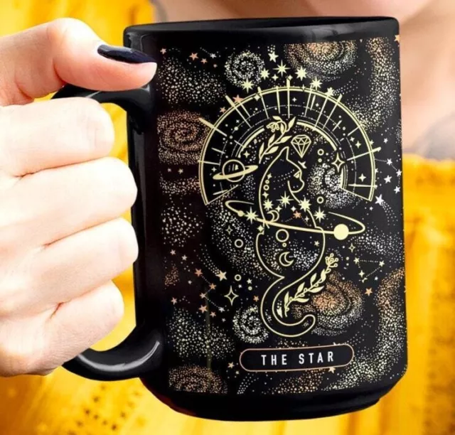 15 ounce Celestial Black Tarot Card Mug, The Star Tarot Card Mug, Zodiac Cat Mug 3