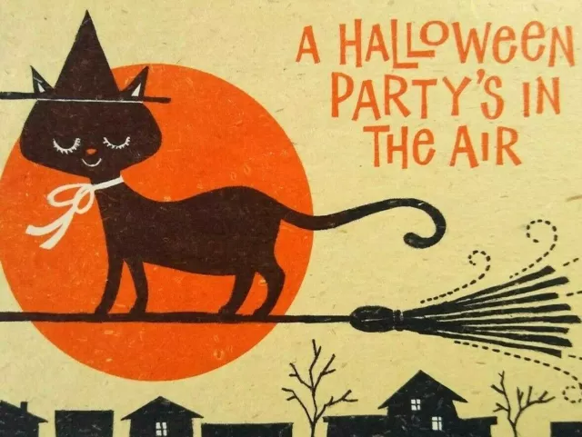 Halloween Greeting Card Party Invite Black Cat With Witch Hat On Broom Big Moon