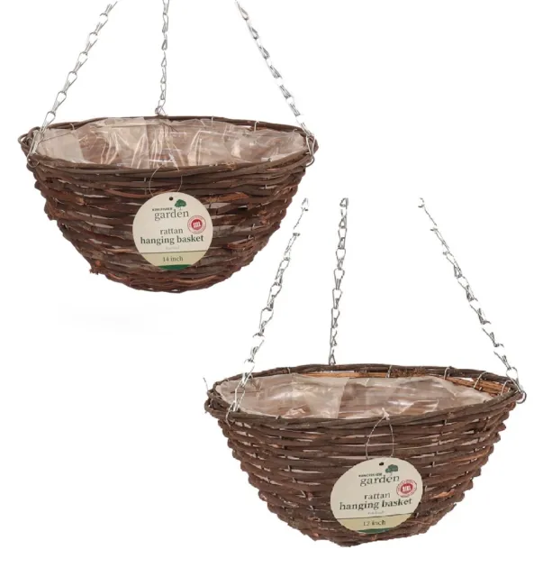 1,2,4 Garden Hanging Flower Basket Brown Rattan 12" 14" LIned With Chains & Hook