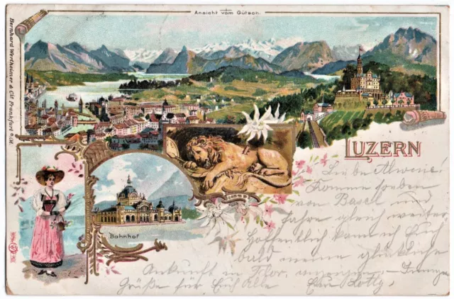 alte Litho-Ak Luzern, Mehrbild, Ansicht von Gütsch, Bahnhof, gelaufen 1899