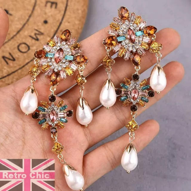 10cm long MULTI COLOURED CRYSTAL large EARRINGS pearl drops BIG CHANDELIER retro