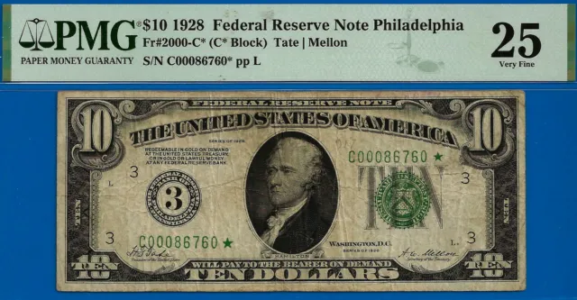 1928 $10 Federal Reserve Note PMG 25 PMG graded 13 Philadelphia star FR-2000-C*