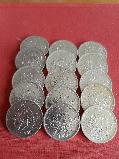 Lot de 15 Pièces de 5 Francs Semeuse en Argent Années 1960 1962 1963 TTB