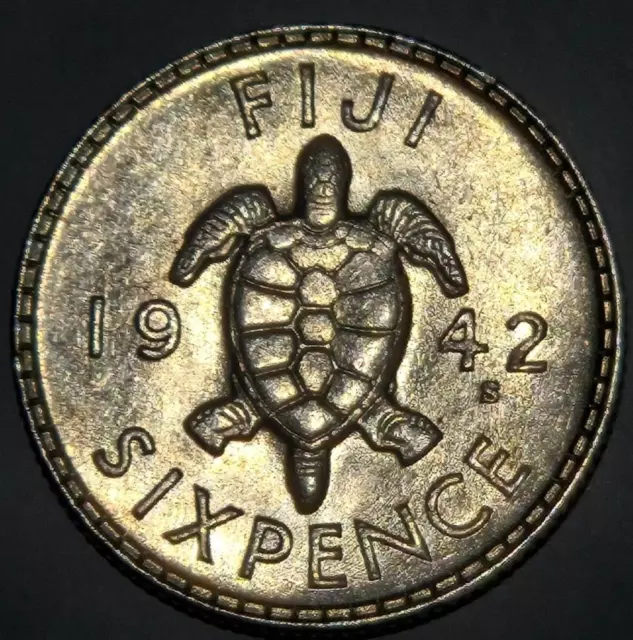 1942-S FIJI GEORGE VI 6P SIXPENCE KM-11a UNC DETAILS SILVER TURTLE SOUTH PACIFIC