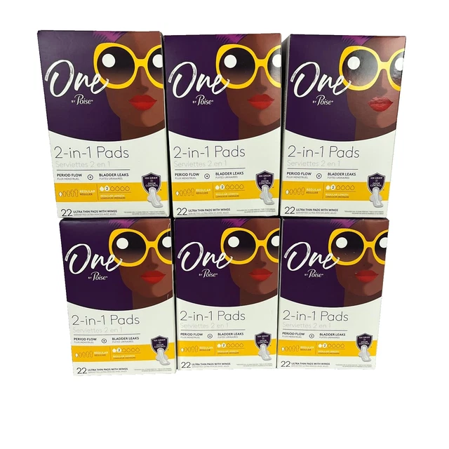 Paquete de 6 almohadillas 2 en 1 ONE by POISE 22 almohadillas ultrafinas con alas de longitud regular