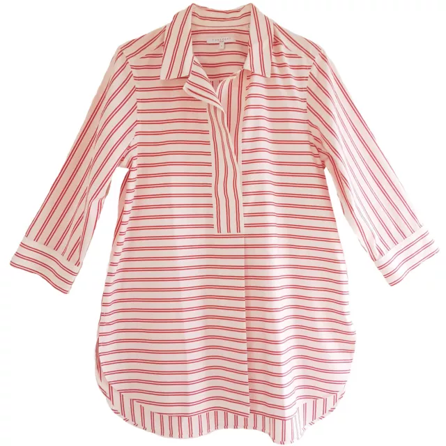 NWOT FOXCROFT Cotton Non Iron Red Stripe &Ivory 3/4 Sleeve Collared Long Top