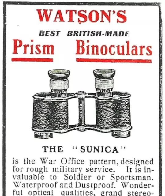 WW1 Original Watsons Prism Binoculars Sunica War Office Print Advert 1914