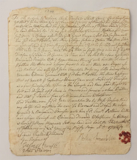 1748 antique COLONIAL DEED canaan ct J FRANKLIN to SAM ROBBINS land handwritten 1748 antique COLONIAL DEED canaan ct J FRANKLIN to SAM ROBBINS land handwritten