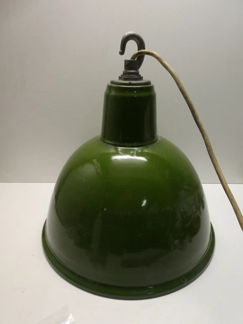 Vintage Rowco Green & White Enamel Industrial Factory Light Shade Lamp Cast Hook