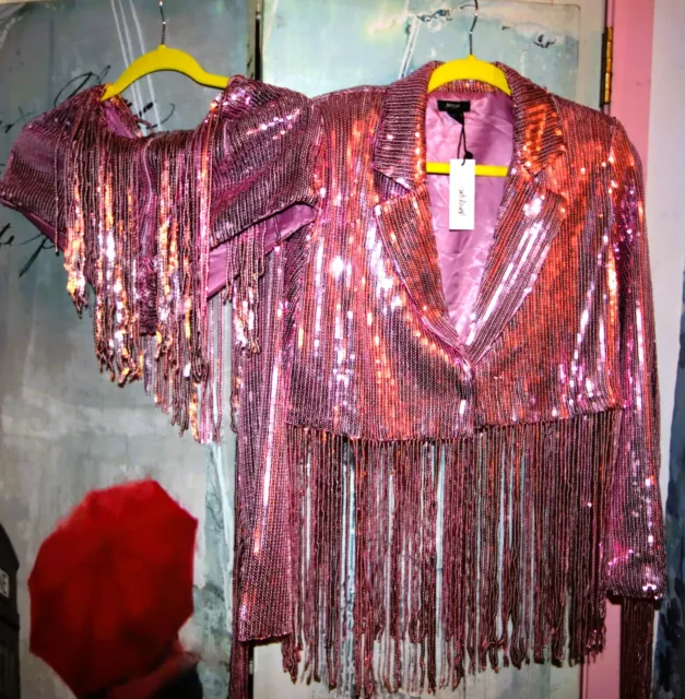 Nasty Gal Womens Size 10 Pink Fringe Jacket Plus Shorts Eras Tour Inspired NWT