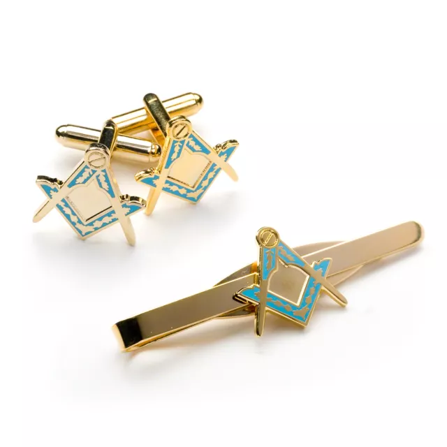 New Craft Sq & Compass Masonic Tieslide and Cuff Link Set Light Blue Masons Gift