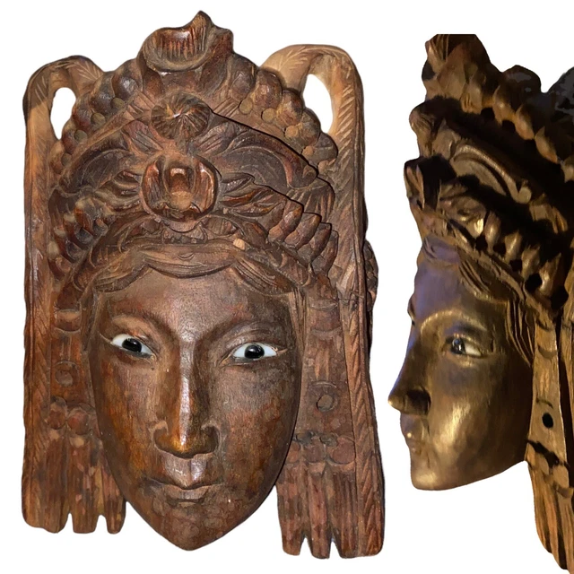 Vintage Chinese Empress Rosewood Carved MASK Alabaster Eyes Woman Queen Daoist