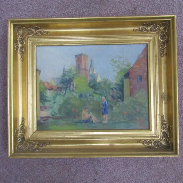 antique oil Painting canvas Old University brick architecture framed signed??