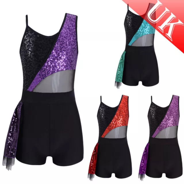 UK Kids Girls Sparkly Sequins Mesh Splice Ruffle Hem Dance Leotards Dancewear