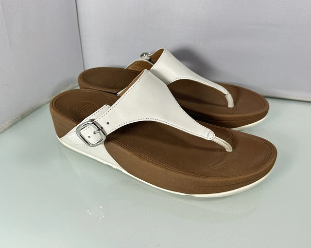 FitFlop Lulu Women’s Slip On Wedge White Leather Thong Flip Flops Sandals Size 8