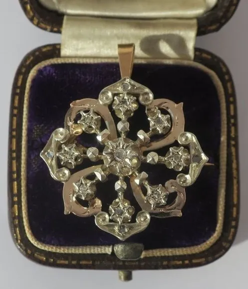 Superbe pendentif et broche ancien fleur diamants or massif 18 carats argent