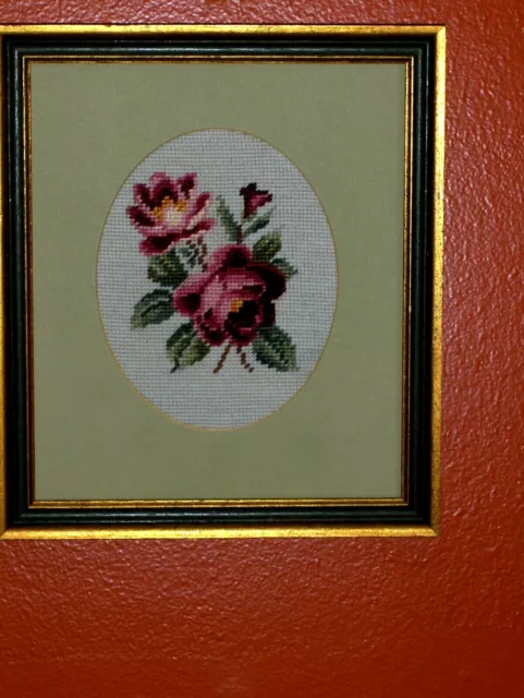 Red Roses Old Floral Style STILL LIFE Handmade ART Needlepoint Crewel VINTAGE