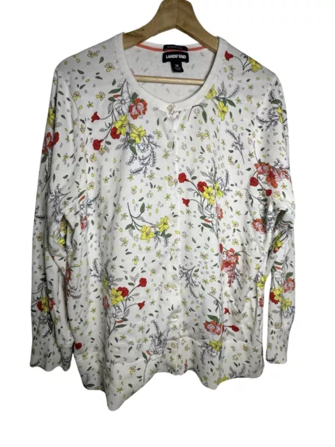 Lands End Cardigan Plus Size 2X 20-22W Floral Yellow Supima Cotton Sweater