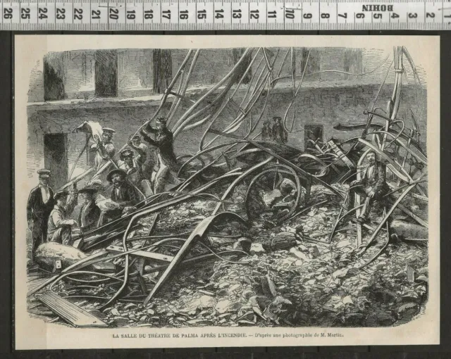 G322 / Gravure 1858 /   La Salle Du Thatre De Palma  Apres L Incendie